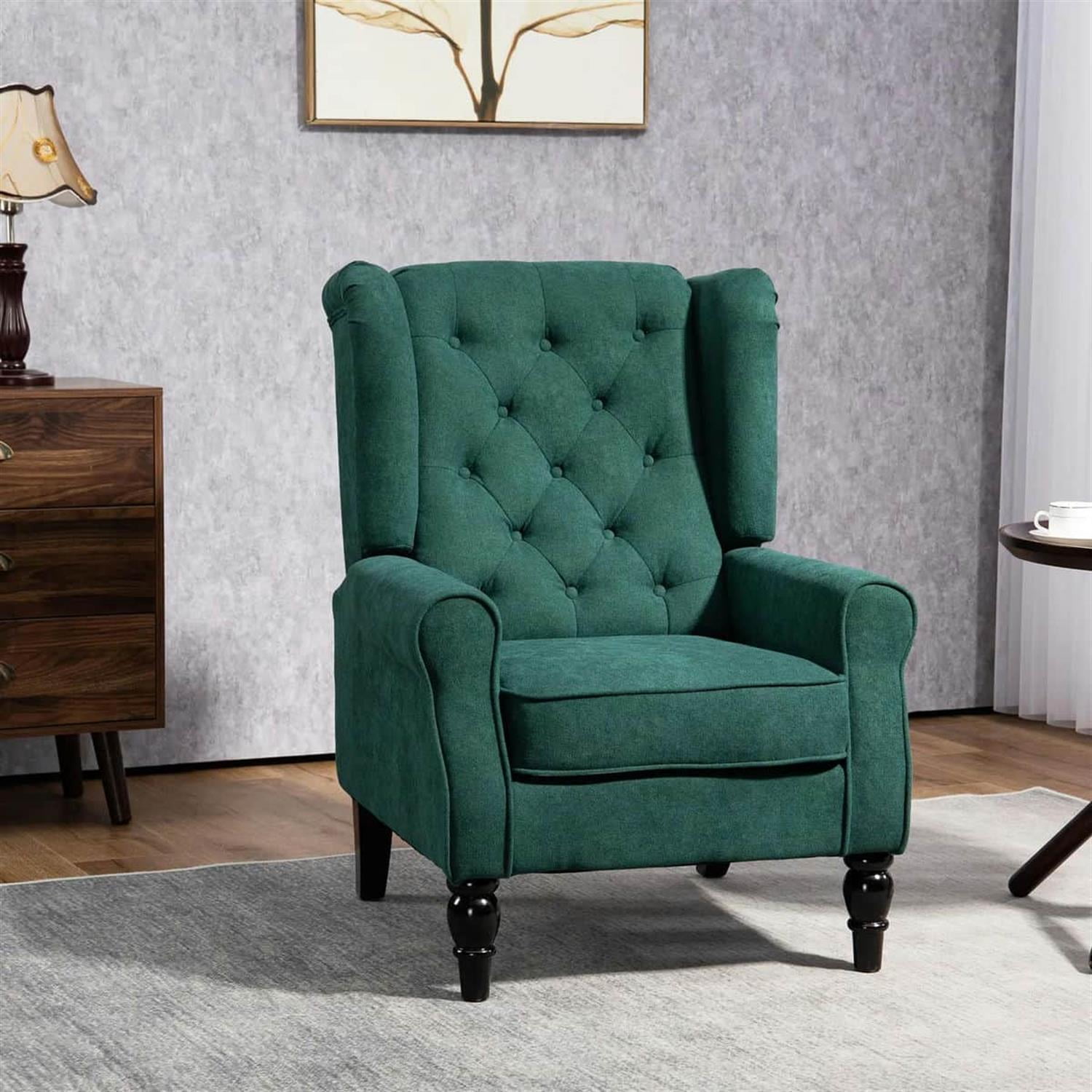 Demi Bonn 40" Modern Upholstered Armchair with High Back Button Tufted, Mid-Century Retro Wood Leg Chair for Living Room, Bedroom, Green
