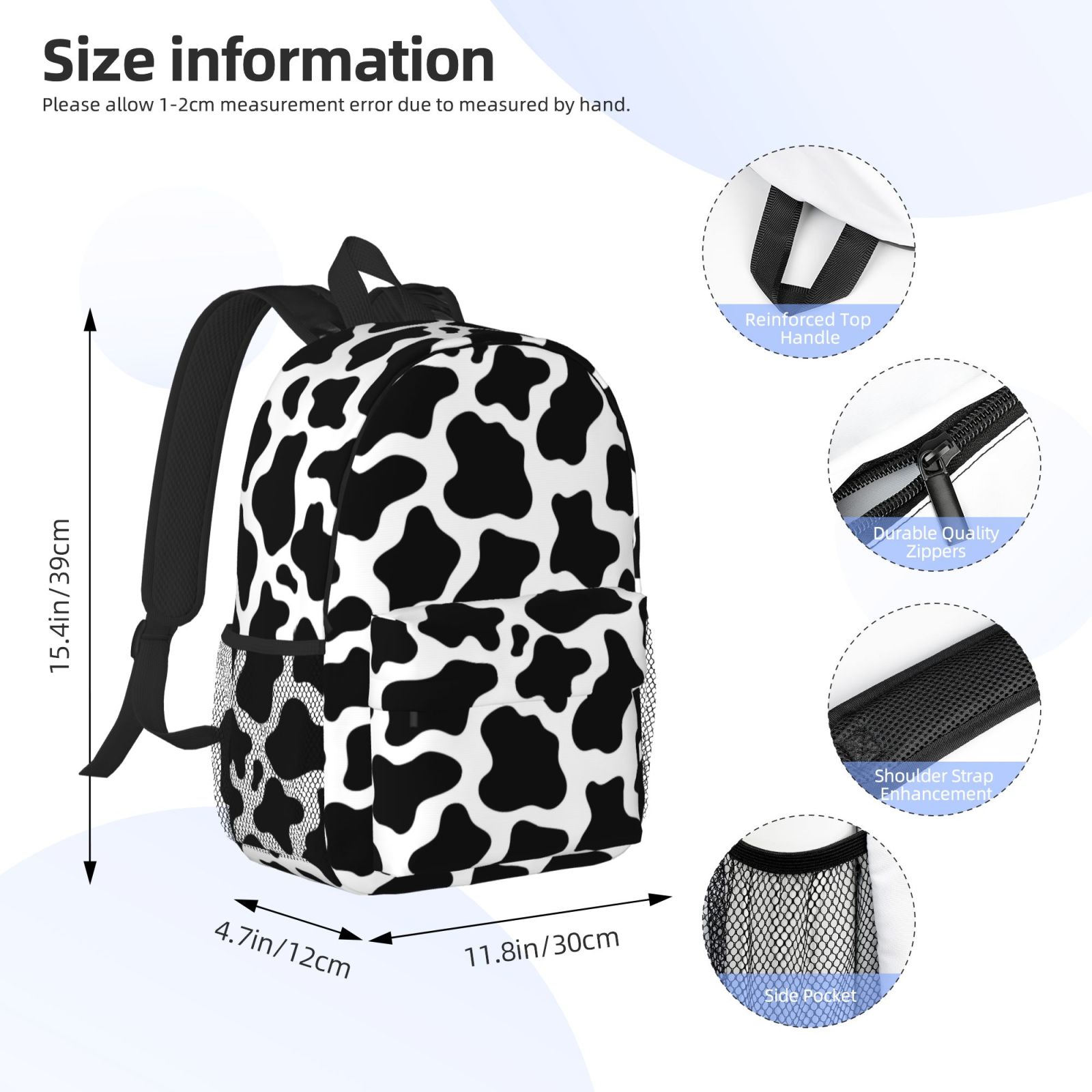 Rateoe Cow Print Black White Pattern Student Backpack Water-resistant Backpack 15-inch Laptop Backpack Lightweight Adjustable School Backpack
