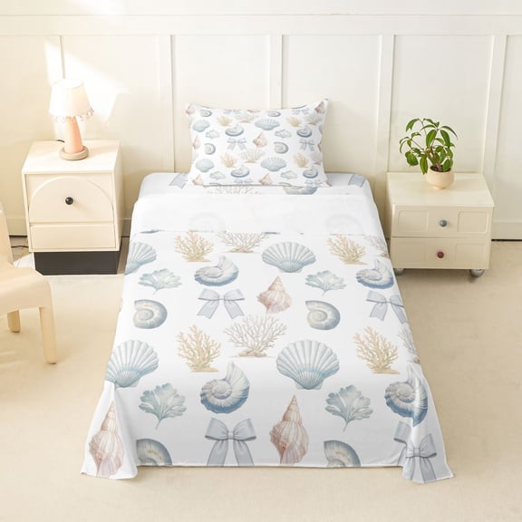 Manfei Kawaii Coquette Bow Twin Sheets,Cartoon Sea Seashell Bedding,White,3pcs,1 Fitted Sheet and 1 Pillowcase