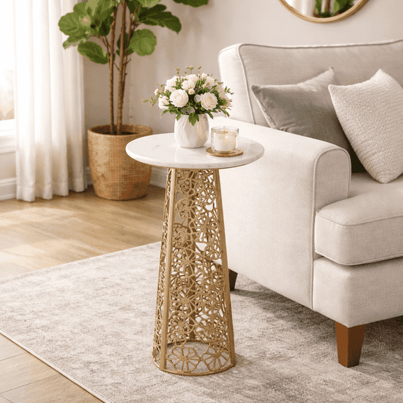 Gold Side Table with White Marble Top | Decorative Modern End Table | Aluminum Base | Accent Table for Living Room | 11x11x21.25"
