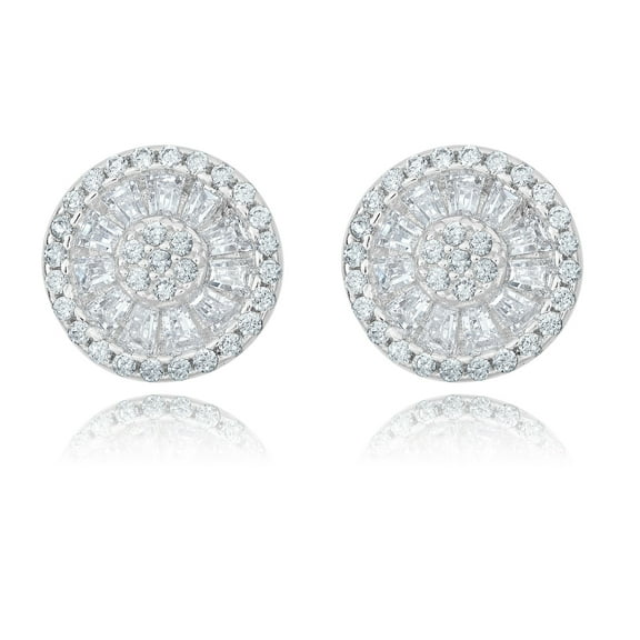 AVORA 925 Sterling Silver Baguette and Round Simulated Diamond CZ Sunburst Halo Stud Earrings