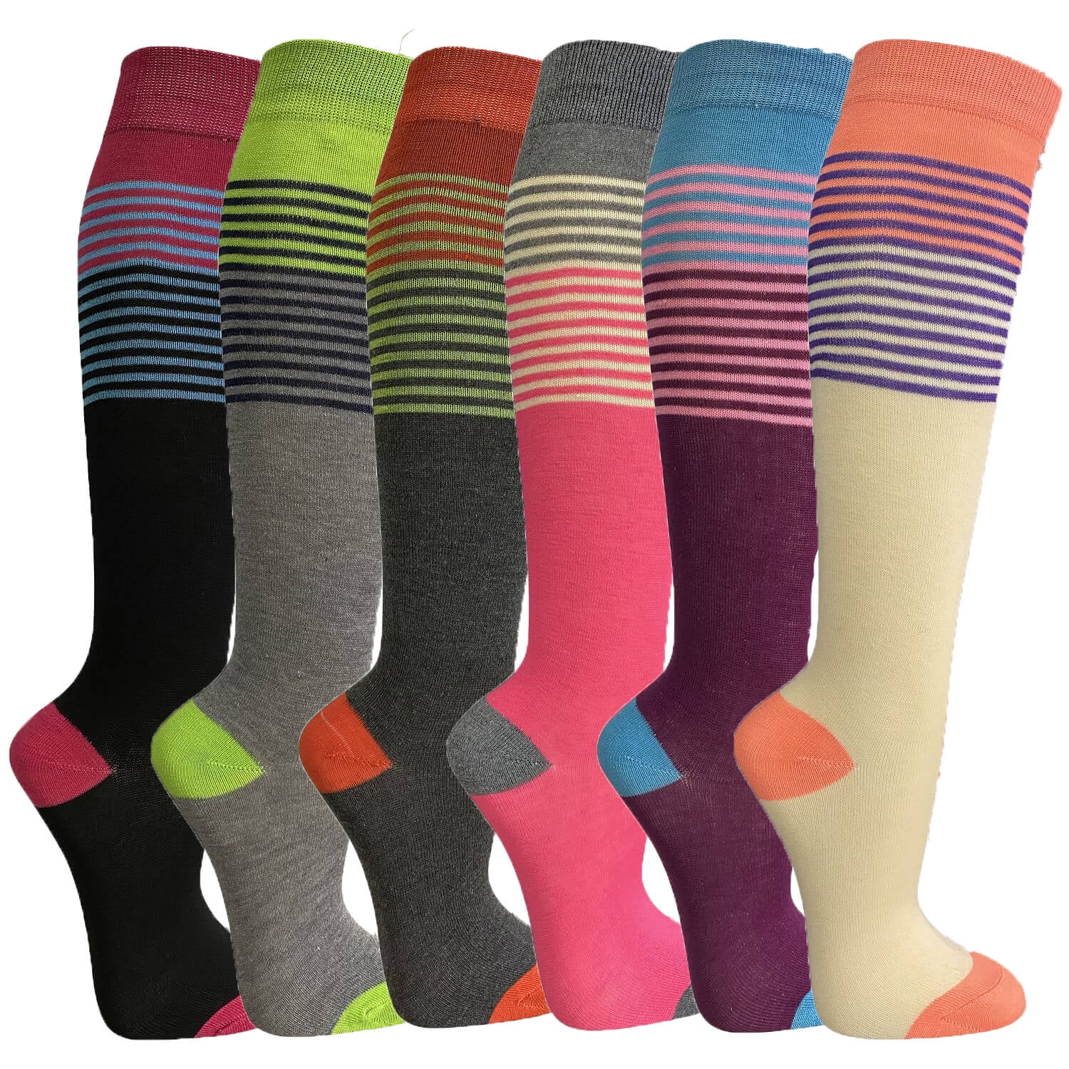 6 Pairs Women Comfort Socks Lot Long Lady HORIZON Color Stripe Knee High Stylish 