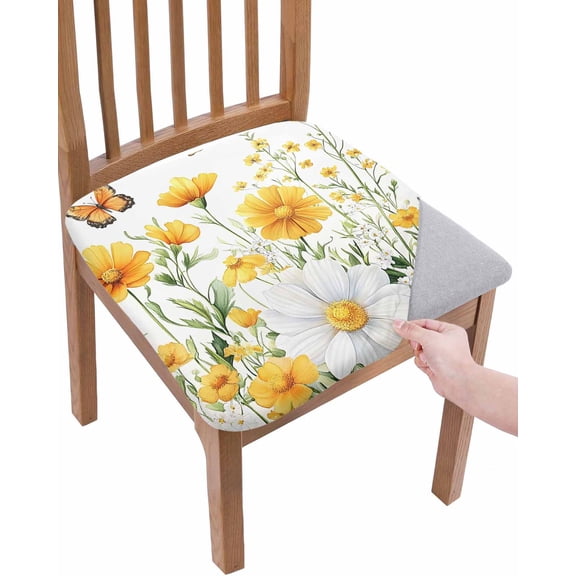 Yellow Spring Floral Chair Seat Covers for Dining Room Stretch Chair Seat Covers Set of 6, Pastoral Summer Botanical Daisy Chair Seat Protector Cushion Slipcovers for Kitchen Restaurant Office