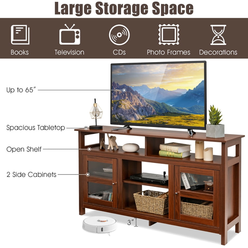 Finihen TV Stand, TV Cabinet, 58 Inch TV Stand Entertainment Console Center with 2 Cabinets, Media Entertainment Center with Storage, for Living Room, Bedroom, Walnut