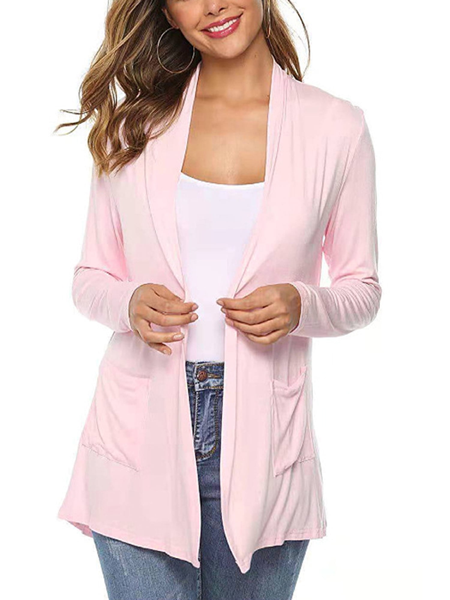FOCUSNORM Women Open Front Cardigan Sweaters Pockets Long Sleeve Shrugs -  Walmart.com