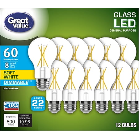 Great Value LED 8-Watt (60W Equivalent) Soft White Clear Light Bulbs  Dimmable  E26 Medium Base  22 Year Life  12pk
