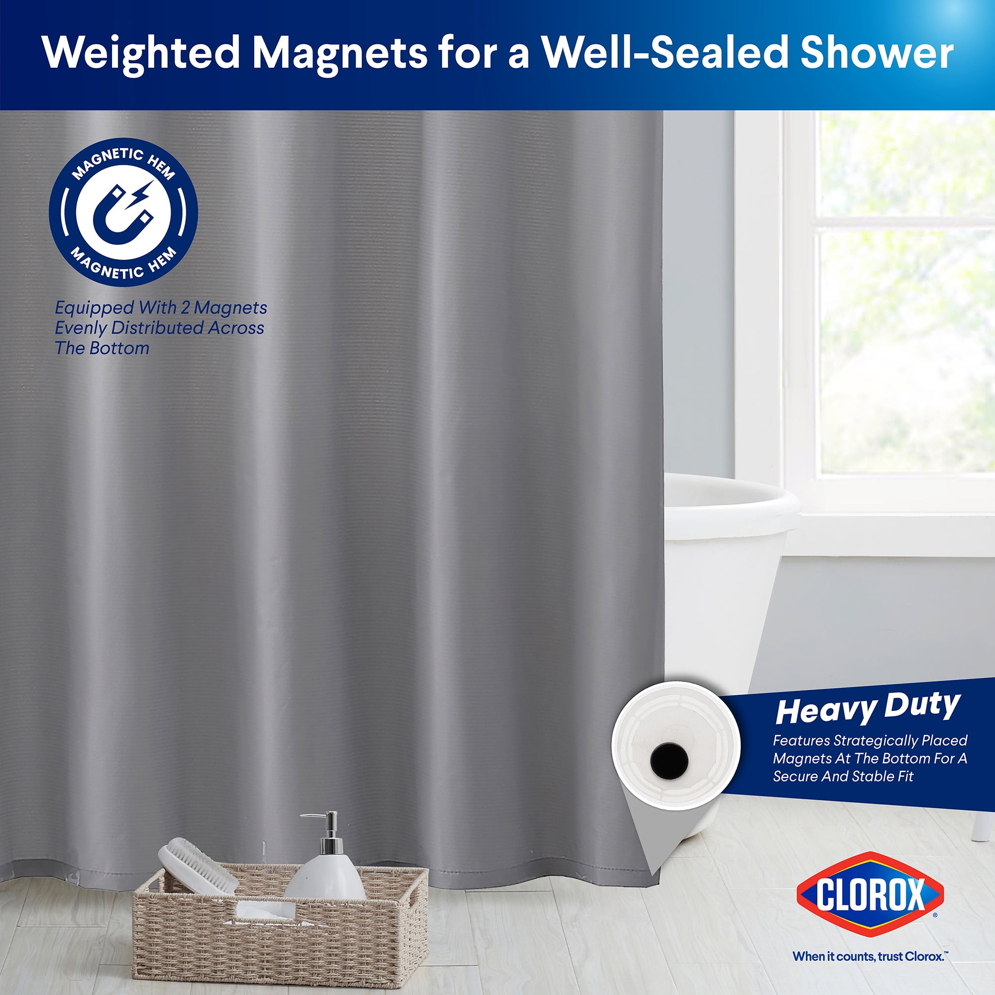 Clorox 100% Polyester Shower Curtain Set with Waterproof PEVA Liner and 12 Metal Hooks (Gray)
