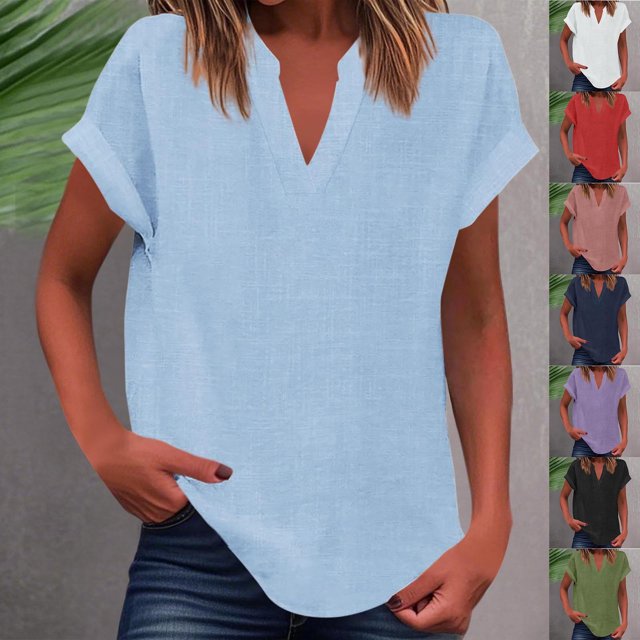 Yuyuzo Summer Tops for Women Casual Short Sleeve Tunic Shirts Notch V Neck Solid Blouse Beach Vacation Clothes