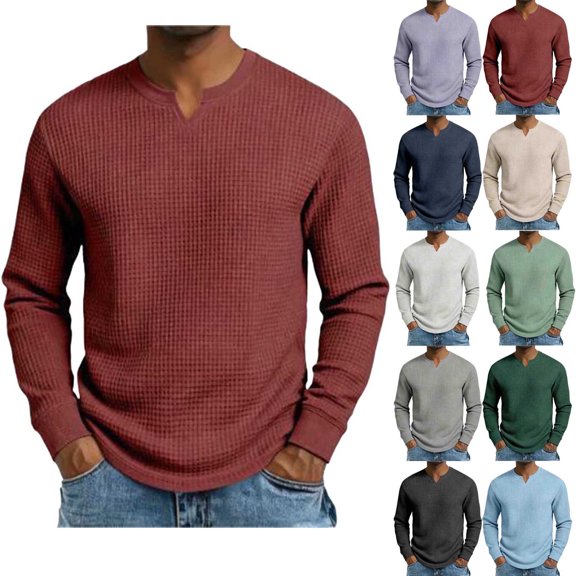 DPTALR Men's Casual Solid Color Slim Breathable V-neck Long Sleeve Shirt,Purple, L