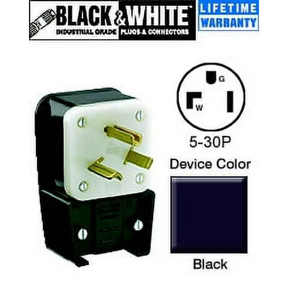 leviton 9530-p 30 amp, 125 volt, straight blade, plug, industrial grade, grounding, angle, black