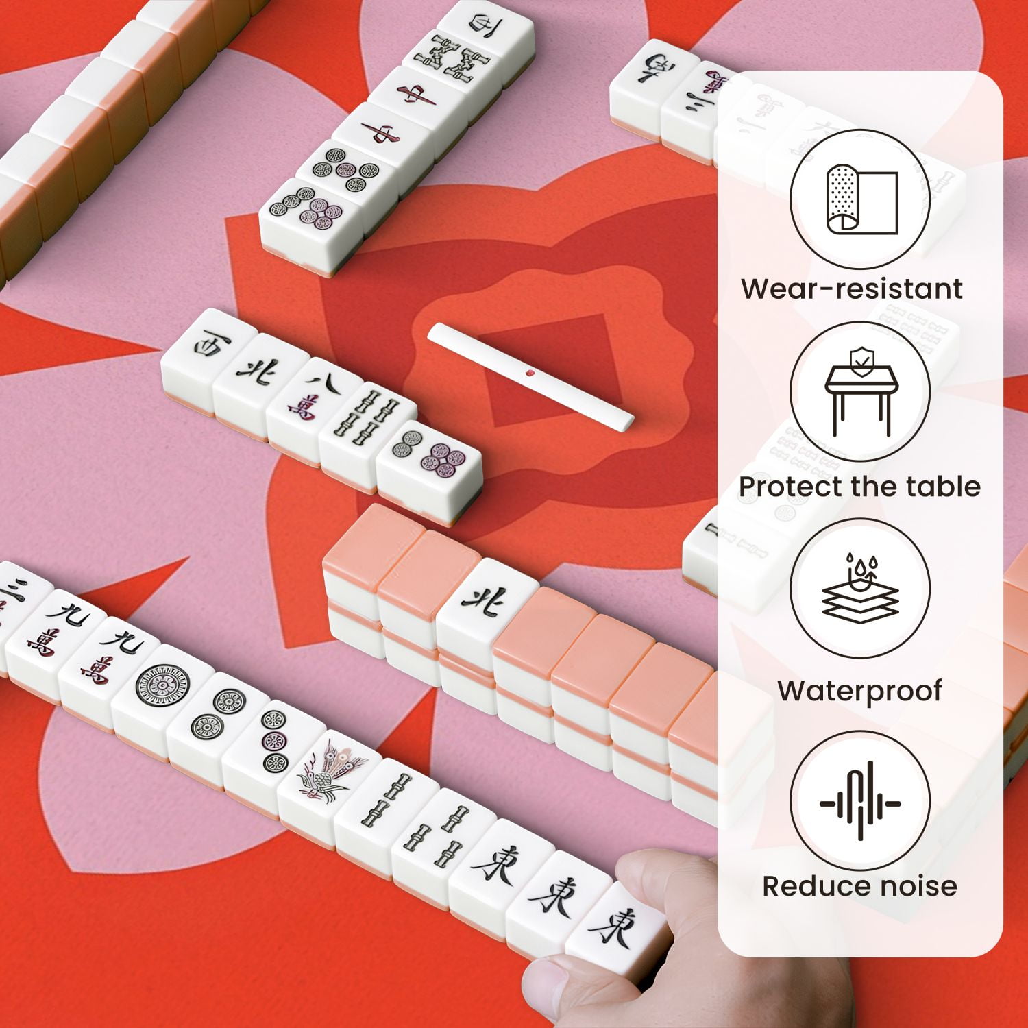 Mahjong Mat 31.5" x 31.5" Abstract Pink Flower Geometric Shapes Vibrant Red Anti-Slip and Noise Reduction Symmetry Design Mahjong Tiles Table Cover for Dominoes Poker Card Board and Tile Games