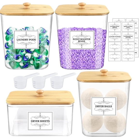 Laundry Pods Container & Dryer Sheet Holder, 4Pack Laundry Room Organization and Storage, Laundry Detergent Power Container with Bamboo Lids,Labels, Scoop