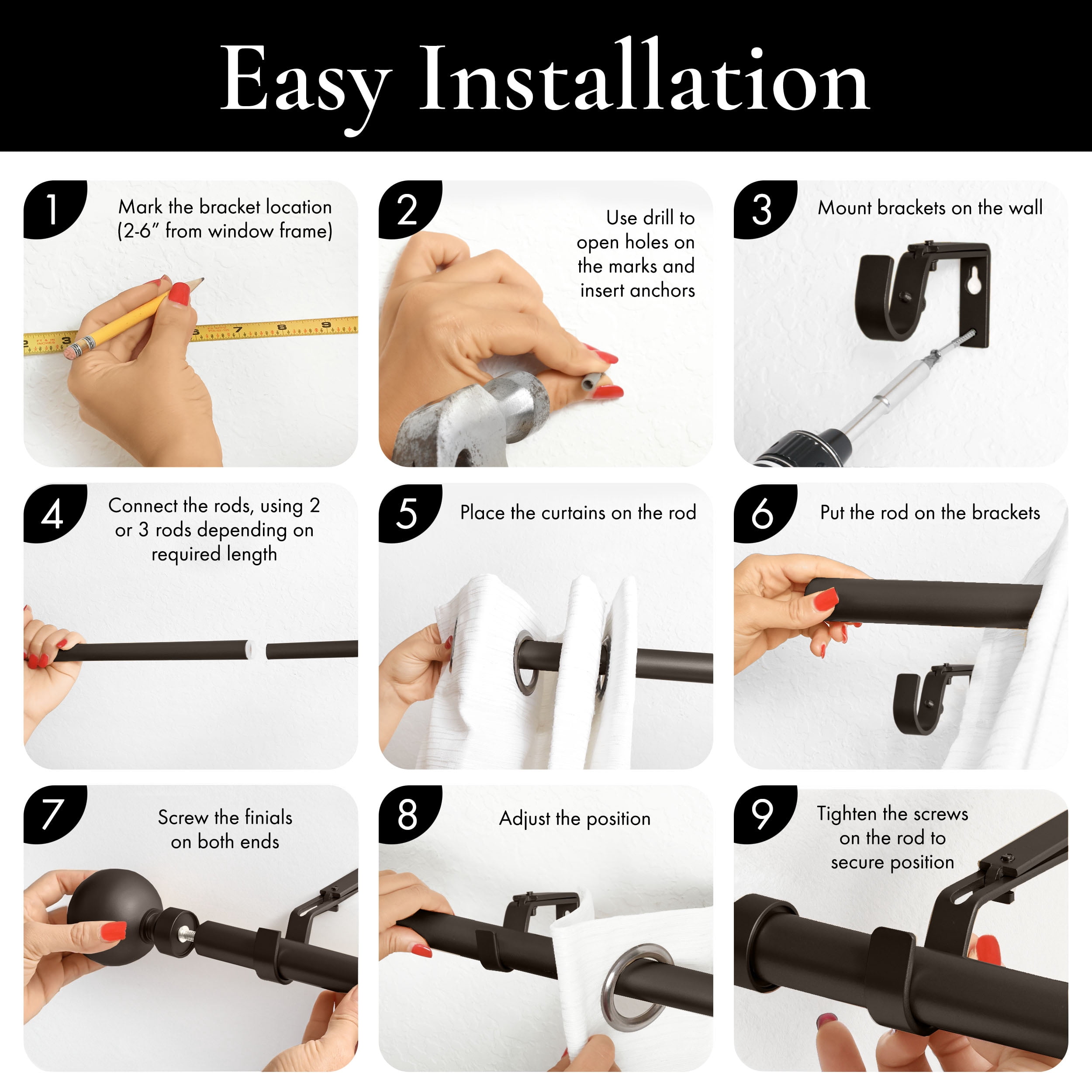 MERIVILLE 1" Single Curtain Rod Set, Adjustable 28-48 Inches, Ball Finials, Oil-Rubbed Bronze