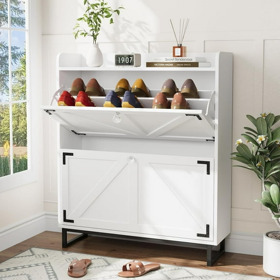 VOWNER Shoe Storage Cabinet with 2 Flip Drawers, Freestanding Shoe Organizer with Metal Legs, Narrow Shoe Rack Cabinet for Entryway, Hallway, Living Room, White