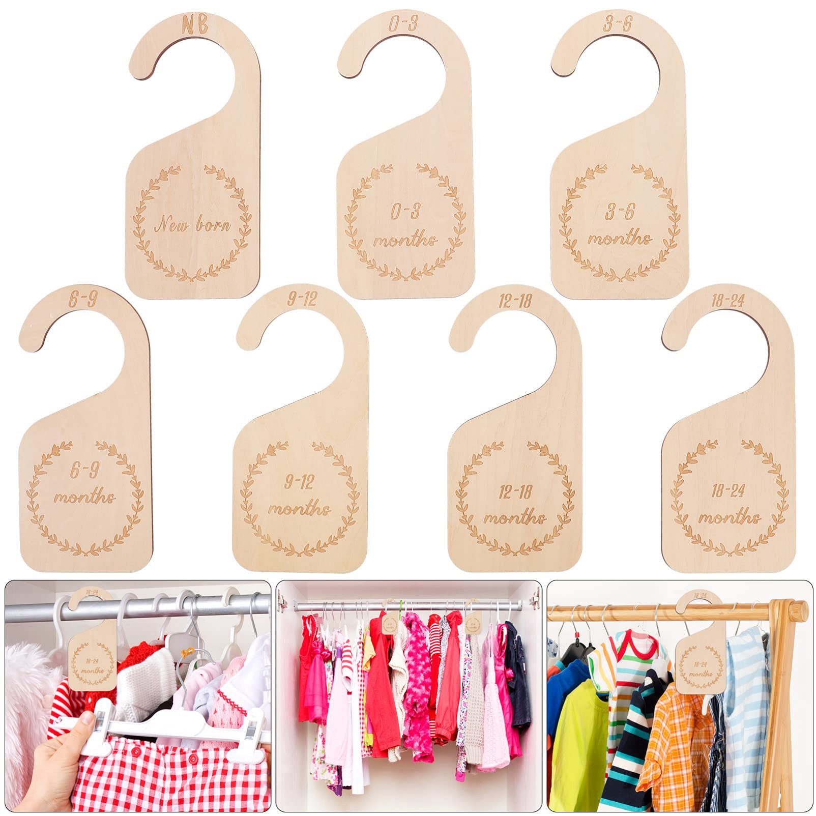 7Pcs Wooden Baby Wardrobe Dividers, to 24 Months Baby Cloth Organizer By Age Nursery Infant
