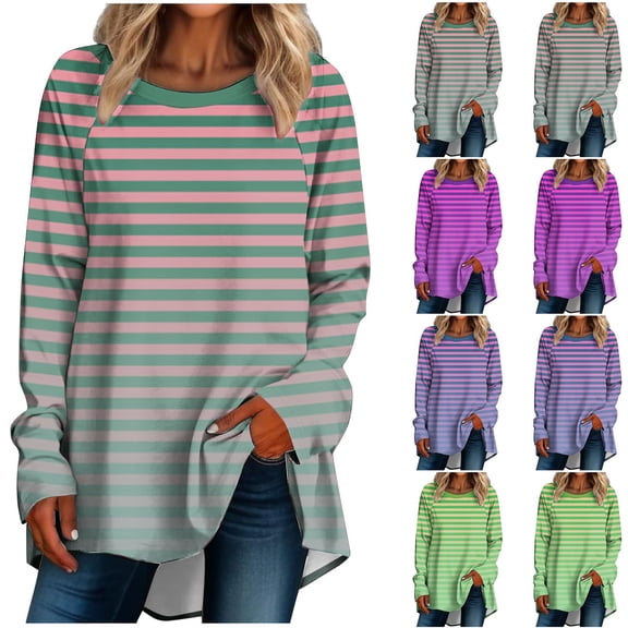 HVOBTTY Womens Long Sleeve Pullover T Shirt, Fall Tops for Women, Women's Casual Gradient Striped Print Crew Neck Long Top Green, L