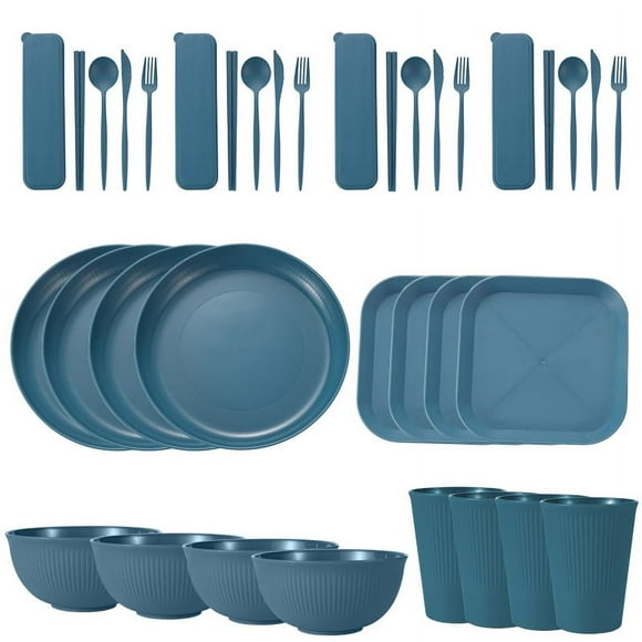 Nvzi Wheat Straw Dinnerware Sets, 36-Piece Plates and Bowls Sets, Cutlery, Microwave Safe Unbreakable Dinnerware for Parties, Picnic, College Dorm, Camping Blue