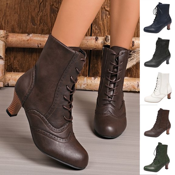 Miqool Womens Victorian Ankle Boots Faux Leather Lace Up Pointed Toe Low Block Heel Booties with Side Zipper