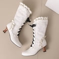thumbnail image 5 of Victorian Boots for Women Vintage Ruffles Goth Mid Calf Booties Mid Heels Lace up Halloween Witch Dance Shoes, 5 of 8