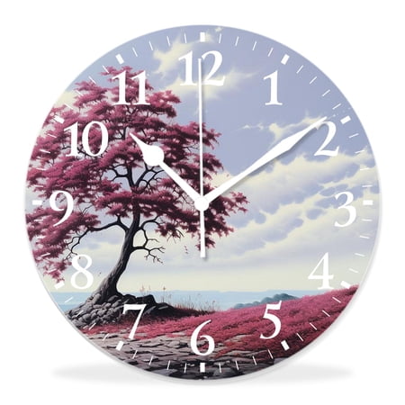 12 Inch Wall Clock Battery Operated Silent Clock Decorative for Office, Kitchen, Outdoor, Living Room，Nature Rural Scene Sky Clouds Lonely Tree on Grassy Meadow Creative
