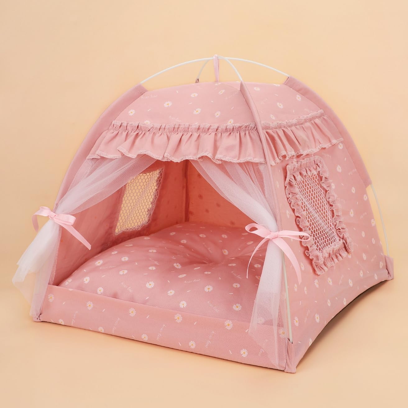at Bed Tents Dog House Indoor Outdoor Lace Mesh Breathable Windows Door Curtains Removable Portable Nest Teepe House (Small,Green&Yellow)
