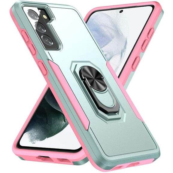 Samsung Galaxy S21 Ultra 5G Case(Not for S21 6.2"&S21 ), Heavy Duty Shockproof Military-Grade Phone Case with Ring Kickstand for Galaxy S21 Ultra 6.8" Women(Green/Pink)