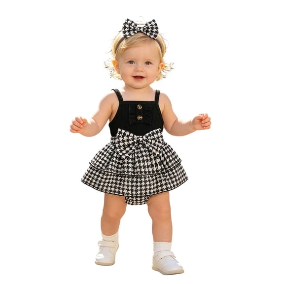JAJAHO Baby Girl Clothes Romper Dress Sleeveless Houndstooth Printed Bow Ribbed Infant Girls Bodysuits With Headbands 2 Piece Set 0-24M Lovely Onesie