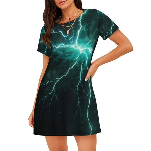 Easygdp Green Lightning Flash Camisón de manga corta para mujer, informal, estampado