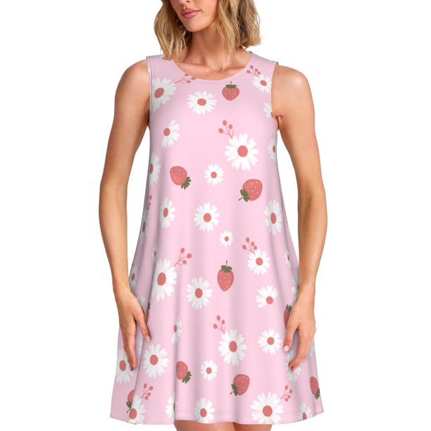Disketp Hand Drawn Strawberry para Vestido sin Mangas para Mujeres, Vestidos de Verano para Mujeres, Casual y Holgado para la Playa