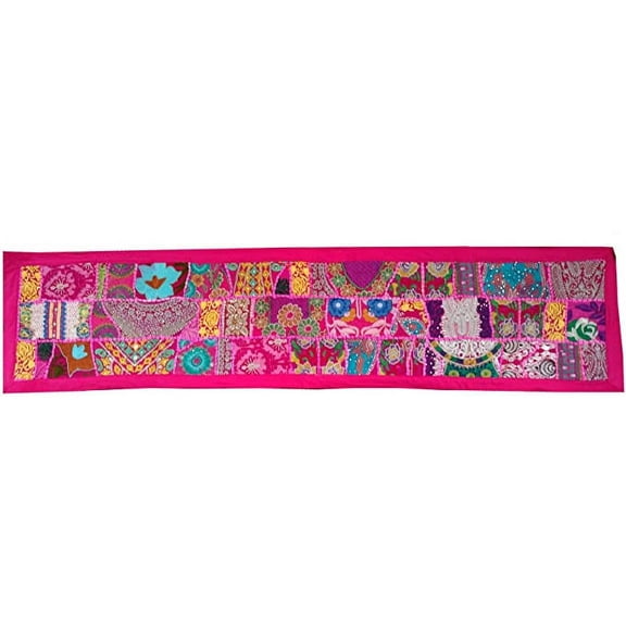 Rastogi Handicrafts Indian Handmade Embroidered Patchwork Old Hanging Wall Art Vintage Tapestry Old Sari Cutting Wall Hanging Parda (Pink, 12 X 60 INCH)