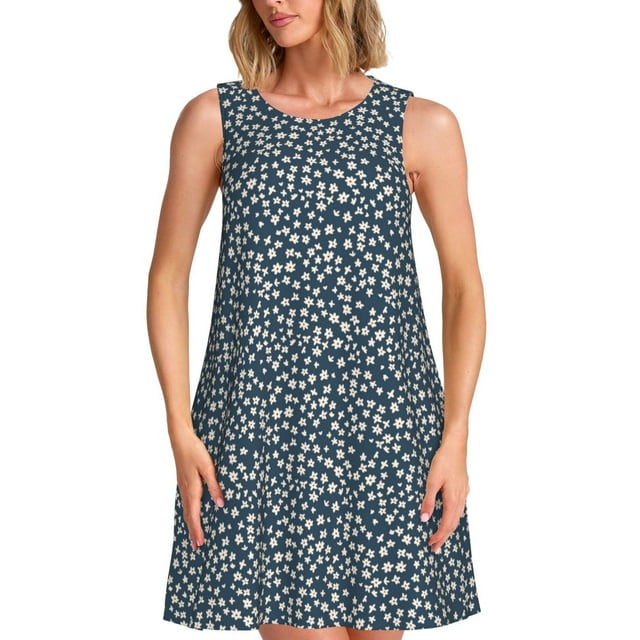 Balery Small White Flowers Vestidos de verano para mujer con estampado: vestido holgado sin mangas, vestido playero informal y cómodo para días calurosos.