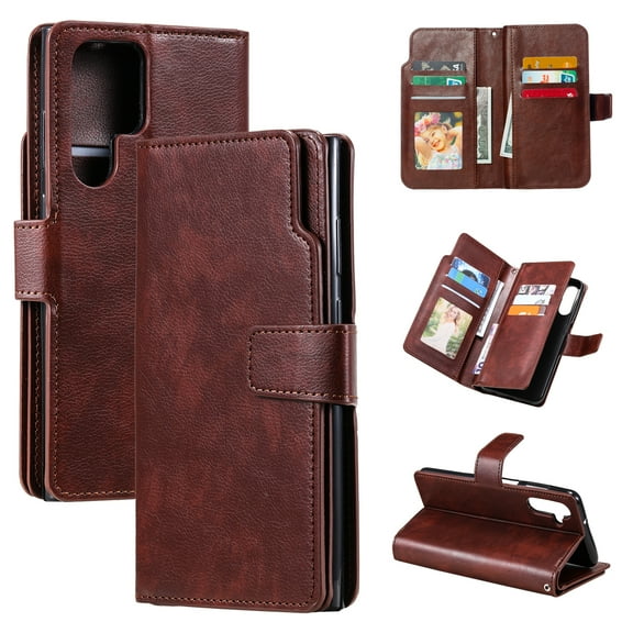 SaniMore for Samsung Galaxy S23 Ultra Case Multi-Functional Folio Flip Wallet, Premium PU Leather Cover Suppot Kickstand + Card & Cash Slots Full Body Protective Shell for Samsung S23 Ultra, Brown