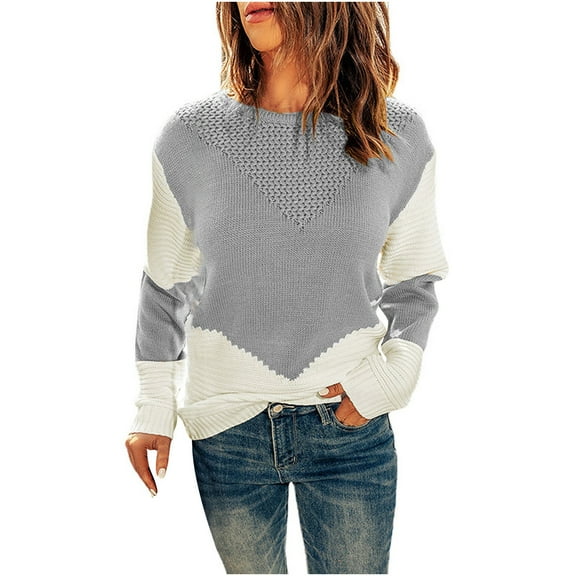 Color Block Sweaters for Women Round Neck Long Sleeve Casual Loose Blouse Womens Crewneck Sweater Pullover