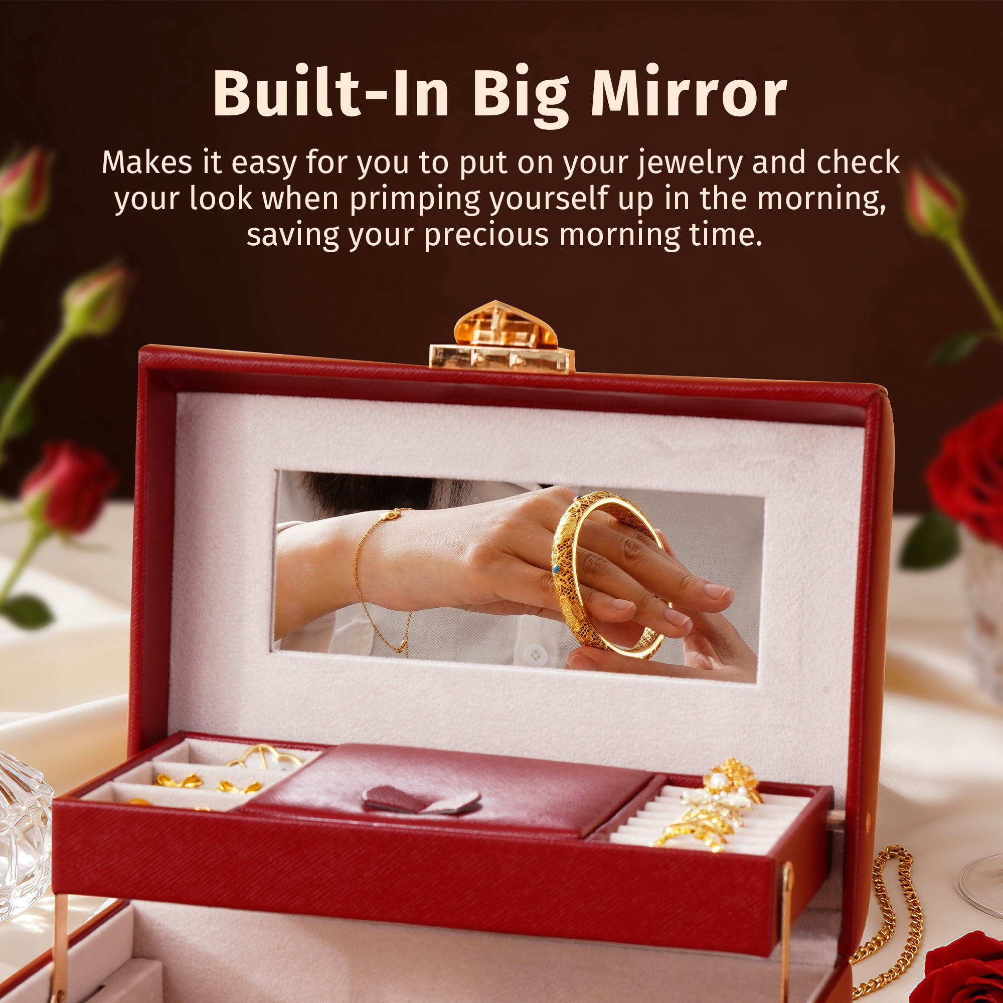 Casegrace Heart Shaped Lock Jewelry Box With Sync Open/Close Drawer, Multi-Layer Storage Case, Built-in Mirror, Portable Jewelry Organizer for Women Rings, Earrings, Necklaces, Valentine’s Day Gift