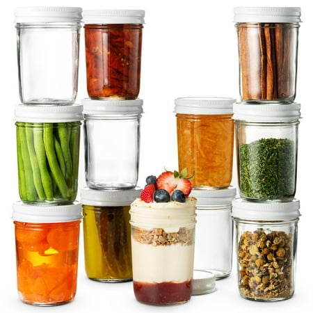 Premium Glass Mason Jars Full Mouth - 8 Ounce - Glass Jars with Metal Lids Perfect Meal Prep, Food Storage, Canning, Drinking Jars, for Jelly, Jam, Dry Food, Spices, Herbs, Salads, Yogurt, (12