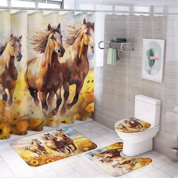 Abstract Horse Shower Curtain Sets for Bathroom, 4 Pieces Nature Flower Tree Landscape Bathroom Decor Set Waterproof Shower Curtains with 12 Hooks Toilet Lid Rug and Bath Mat, Style-4
