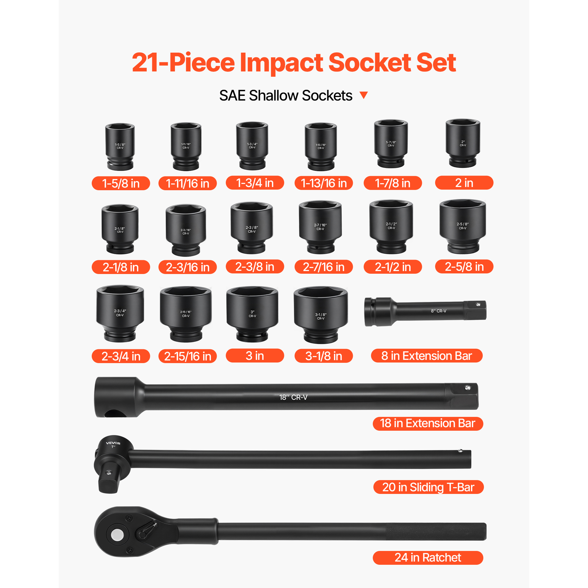 KFFKFF 1 in Drive Impact Socket Set, 21-Piece, 6-Point Shallow Sockets, SAE (1-5/8 in to 3-1/8 in), Includes 8 in & 18 in Extension Bars, 24 in Ratchet, Cr-V Steel, Size Markings, and Storage Case