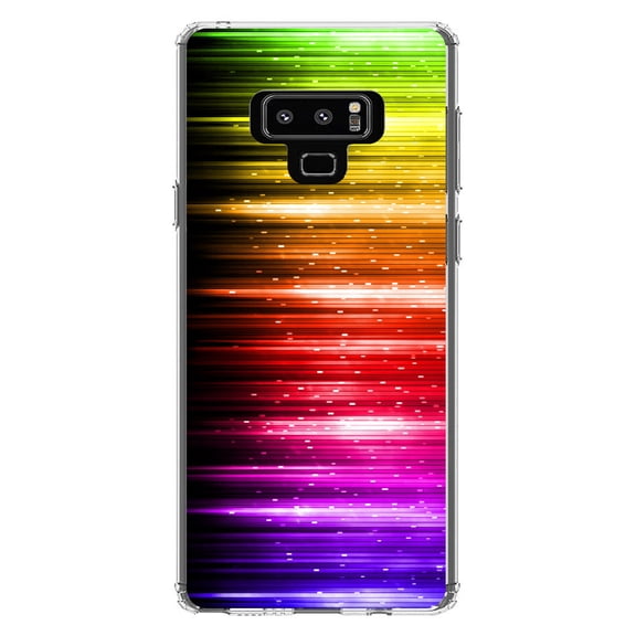 DistinctInk Clear Shockproof Hybrid Case for Samsung Galaxy Note 9 - TPU Bumper, Acrylic Back, Tempered Glass Screen Protector - Rainbow Light Glowing Lines