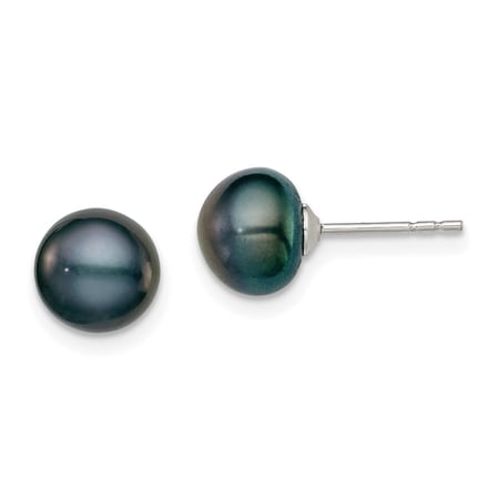 Auriga Fine Jewelry 925 Sterling Silver Black FW Cultured Button Pearl Stud Earring for Women (L - 7 to 8mm, W - 7 to 8mm)