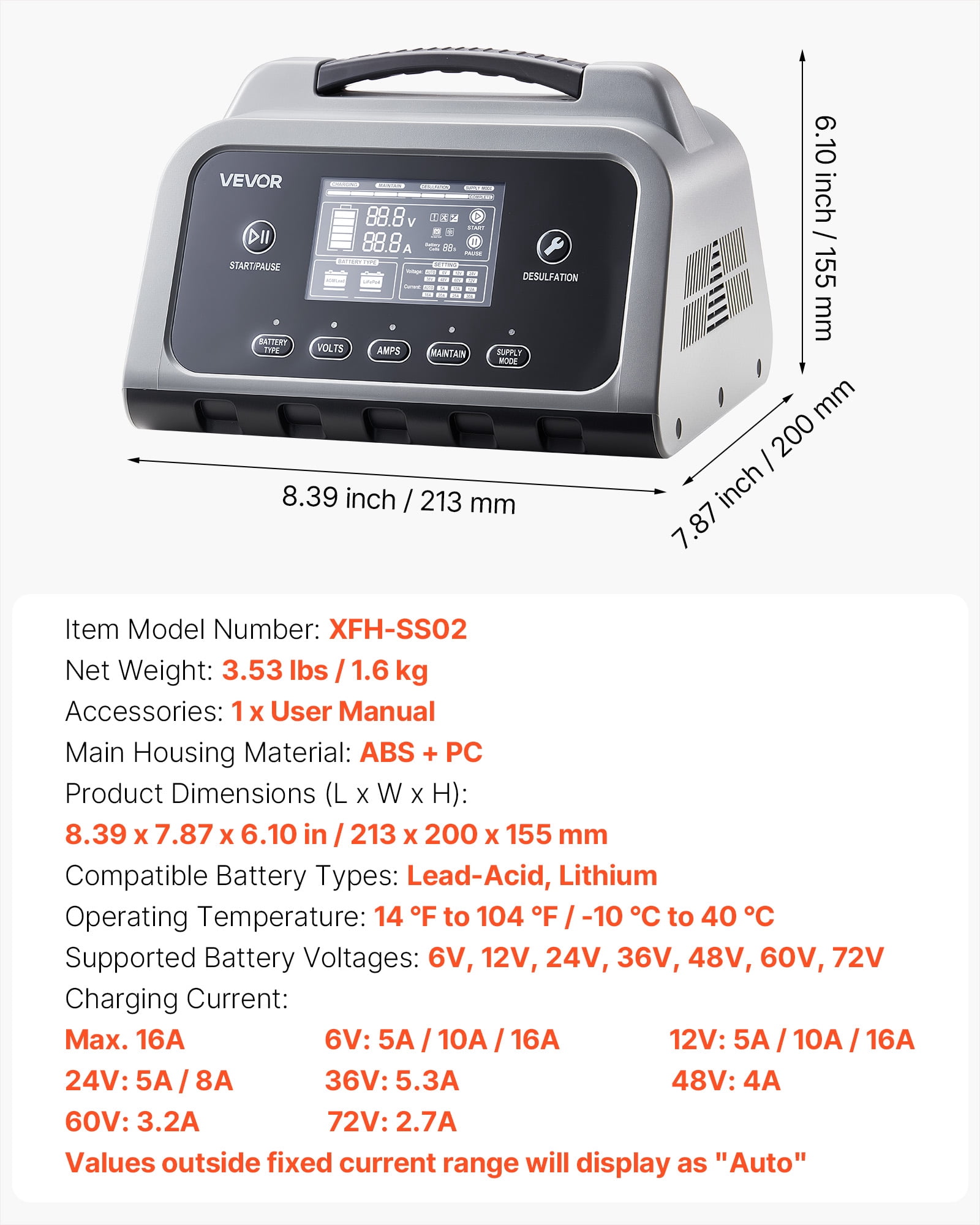 VEVOR Smart Battery Charger, 16A, 6V 12V 24V 36V 48V 60V 72V Lithium LiFePO4 Lead-Acid (Gel/AGM) Car Battery Charger, with LCD Display, Trickle Charging Maintainer Desulfator, for Car Boat Motorcycle
