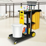 Commercial Cleaning Janitorial, 3 Shelves Housekeeping Cart Trolley, Yellow Garbage Bag & Lid for Waste Management in Hotels, Business Centers & Apartments (Black)