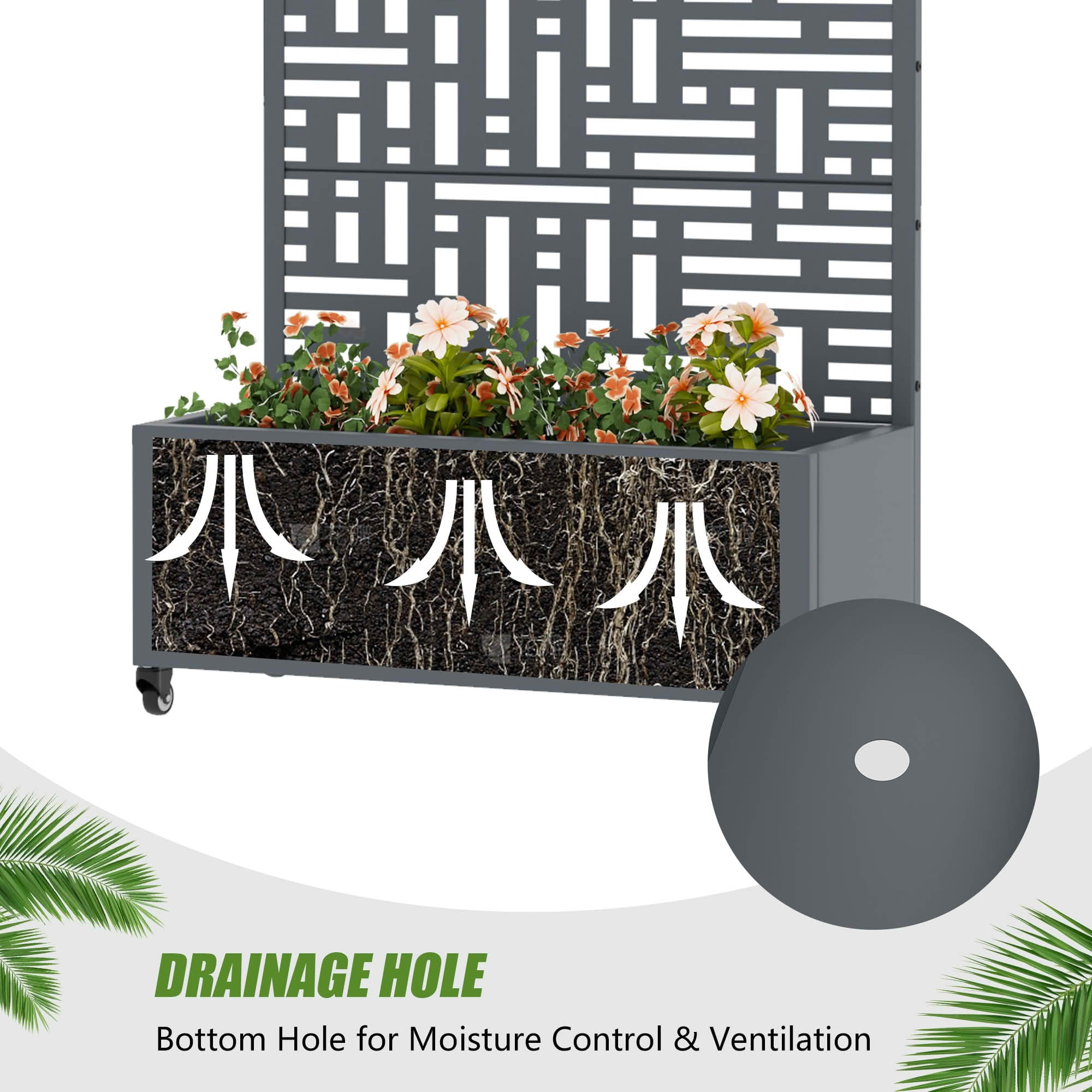 MAYEERTY 72X35" Metal Outdoor Cambrian Gray Privacy Screen with Planter Box for Backyard & Garden, 5 Piece Set