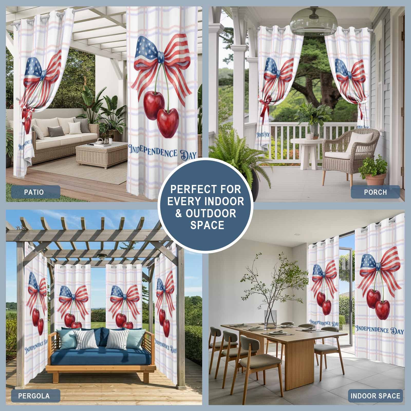 Independence Day Outdoor Curtains for Patio, Red Blue American Flag Bow Cherry Pink Purple Plaid Sunshade Privacy Drapes Grommet Waterproof Outside Curtains for Porch/Cabana/Balcony 54"x108", 2 Panel