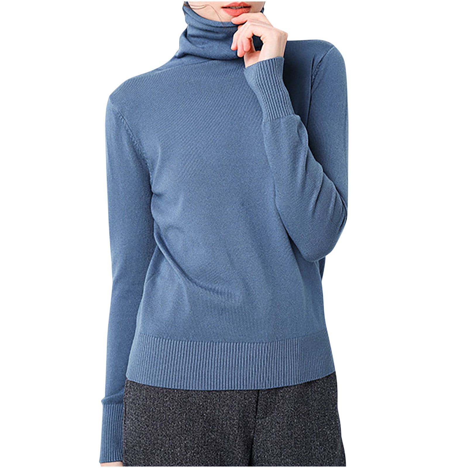 ZQGJB Chandail à Col Roulé Décontracté à Manches Longues pour Femme, Léger, Coupe Ajustée, Basique, en Tricot Torsadé, Chandail Jumper, Hauts pour le Printemps, Bleu, TG