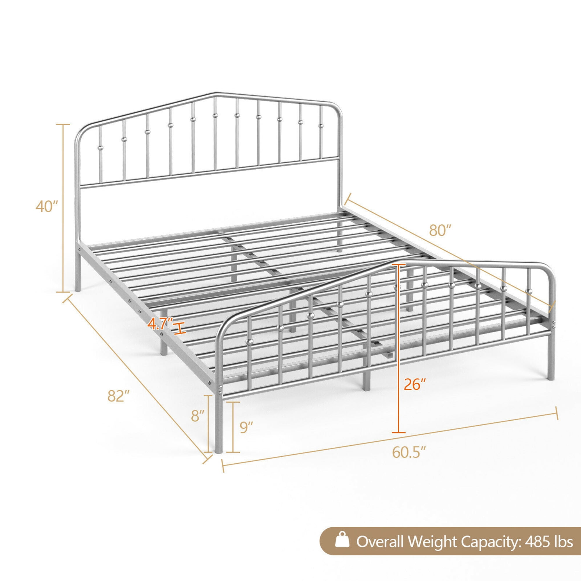 Gymax Queen Size Metal Bed Frame Platform Headboard & Footboard W/Storage Sliver
