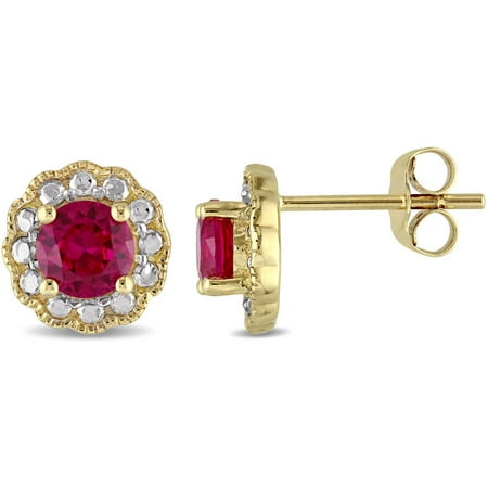 Tangelo 1-1/6 Carat T.G.W. Created Ruby 10kt Yellow Gold Halo Stud Earrings