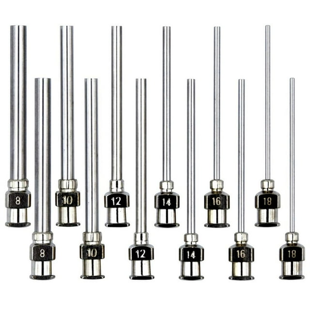 Juego de 12 Agujas Dispensadoras, Punta de Acero Inoxidable de 1,97 Pulgadas, con Luer, Calibre 8, 10, 12, 14, 16 y 18.