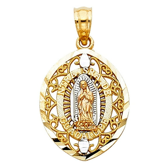 14k Two Tone Solid Gold Our Lady of Guadalupe Oval Charm Pendant 18mm
