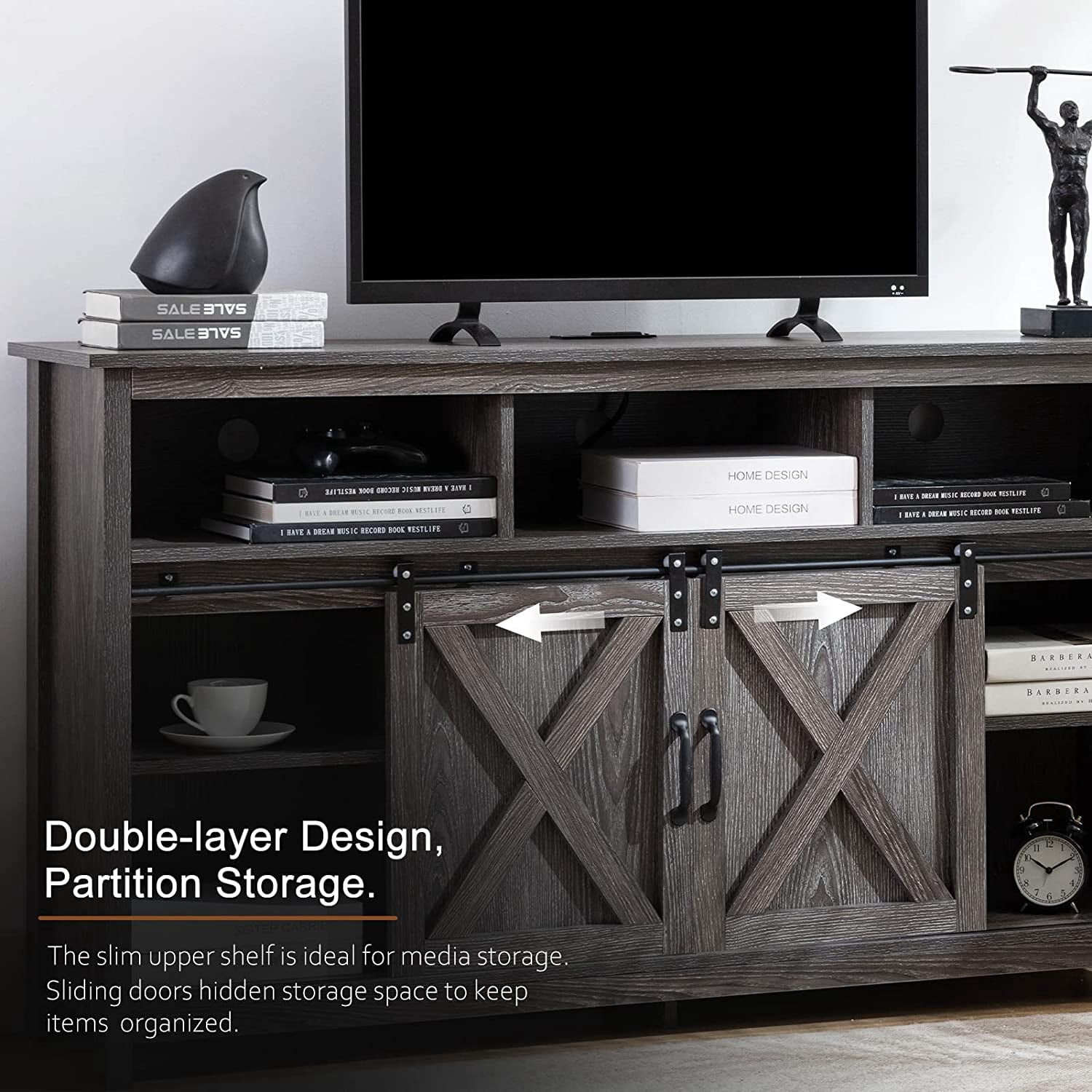Yaoping Farmhouse Barn Door TV Cabinet Up to 65" TV Media Console with Open Shelves Adjustable Storage, Entertainment Center with Power Outlets(Grey)