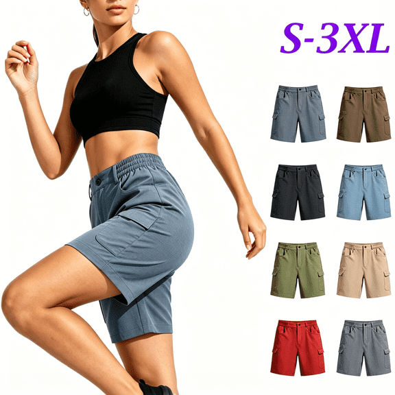 Womens Shorts with Button Closure, Elastic Waist Multi-Pockets Shorts, Casual Solid Color Cargo Shorts, Summer Outdoor Hiking Jogging Athletic Work | VerBelle,Navy L